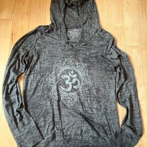 Gray Hooded Long Sleeve Top with Om Mandala Graphic